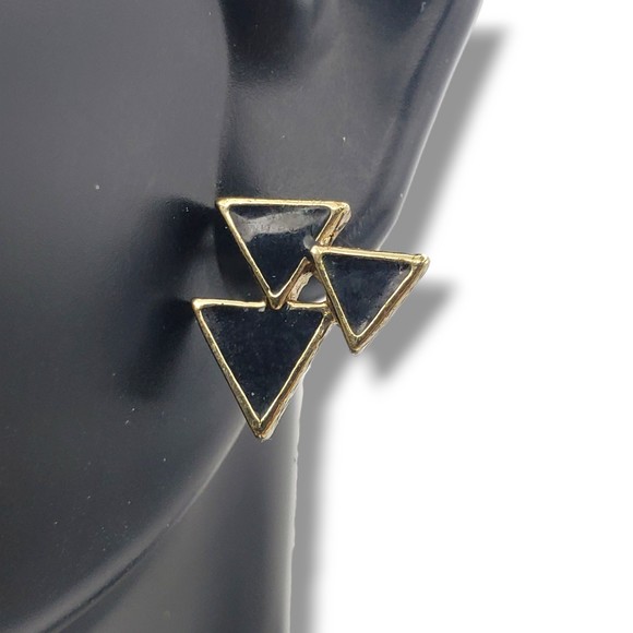 Gold Tone Black Enamel Multi Triangle Stud Earrings Geometric Small - Picture 5 of 7